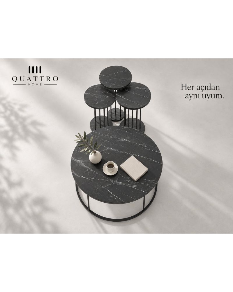 Siyah Mermer Desenli 4'lü Sehpa Seti