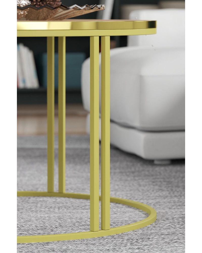 Ceviz Desenli Kahverengi Yuvarlak Orta Sehpa Gold Metal Ayaklı 70 cm