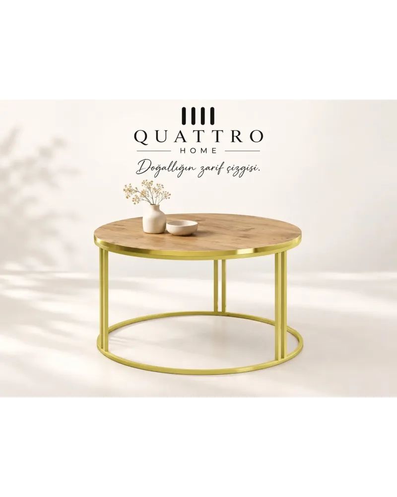 Ceviz Desenli Kahverengi Yuvarlak Orta Sehpa Gold Metal Ayaklı 70 cm