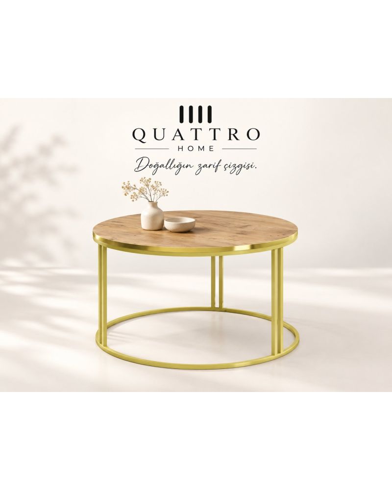Ceviz Desenli Kahverengi Yuvarlak Orta Sehpa Gold Metal Ayaklı 70 cm