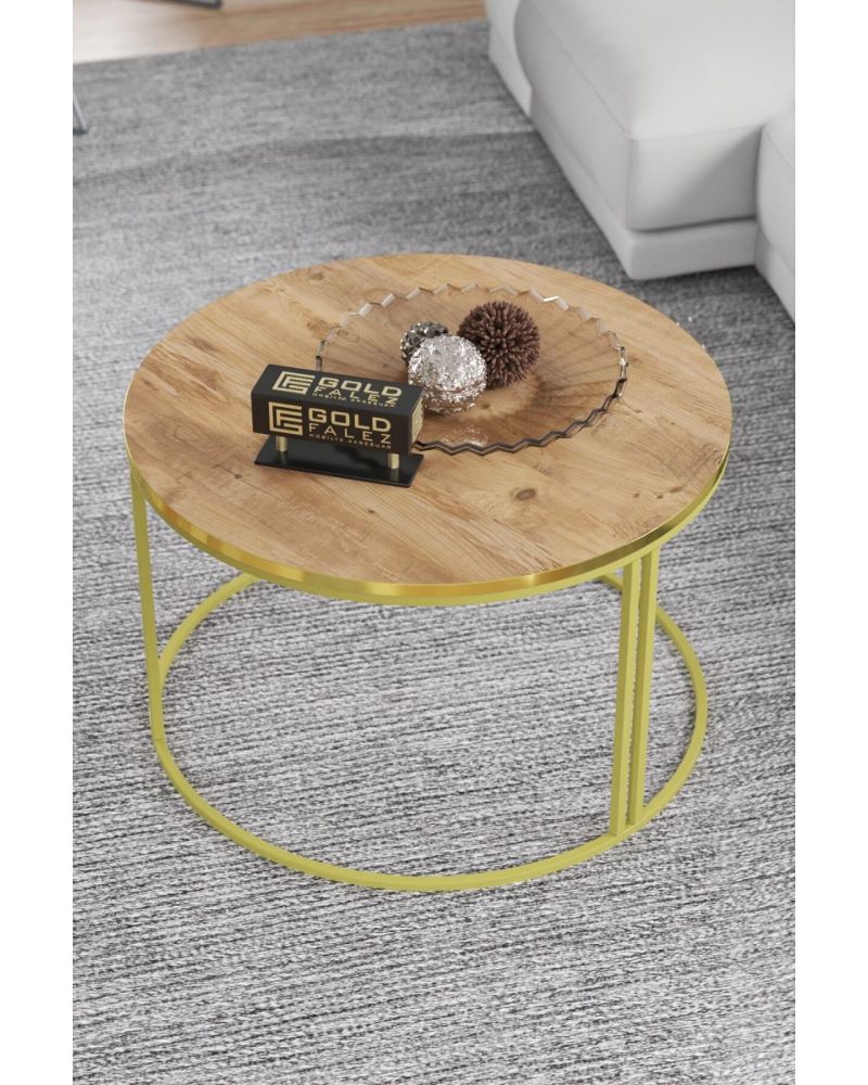 Ceviz Desenli Kahverengi Yuvarlak Orta Sehpa Gold Metal Ayaklı 70 cm