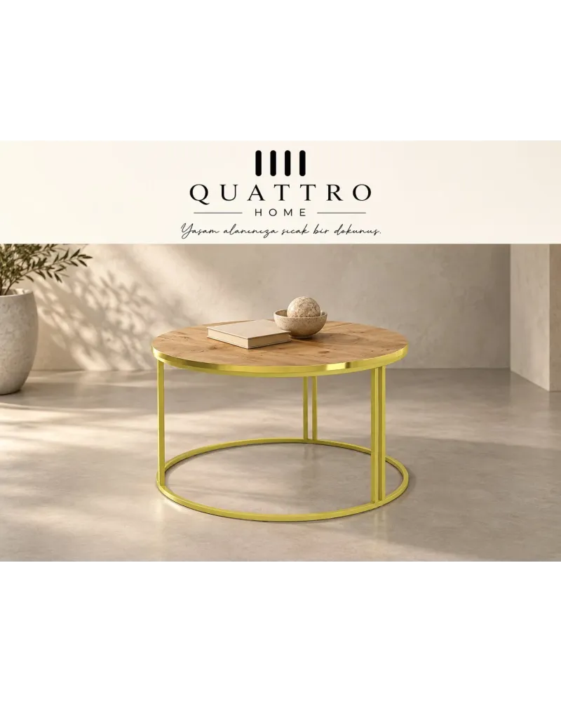 Ceviz Desenli Kahverengi Yuvarlak Orta Sehpa Gold Metal Ayaklı 70 cm
