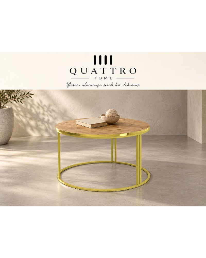 Ceviz Desenli Kahverengi Yuvarlak Orta Sehpa Gold Metal Ayaklı 70 cm