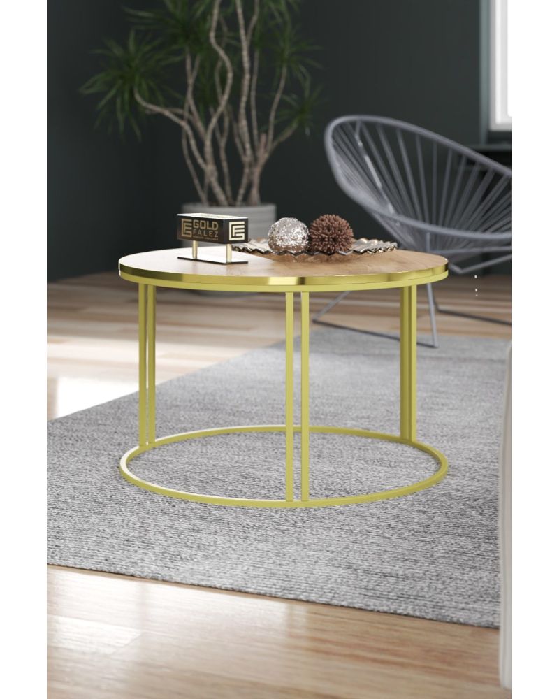 Ceviz Desenli Kahverengi Yuvarlak Orta Sehpa Gold Metal Ayaklı 70 cm