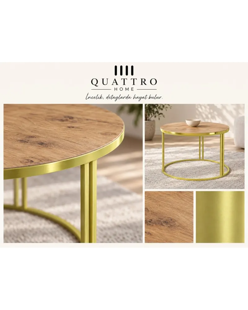 Ceviz Desenli Kahverengi Yuvarlak Orta Sehpa Gold Metal Ayaklı 70 cm