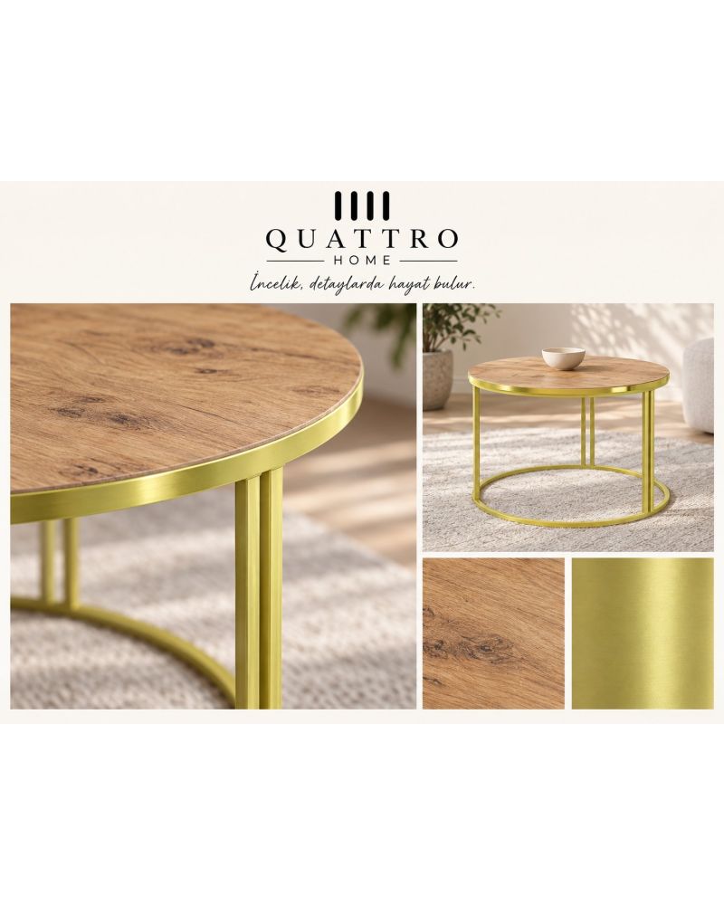 Ceviz Desenli Kahverengi Yuvarlak Orta Sehpa Gold Metal Ayaklı 70 cm