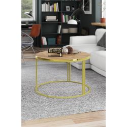 Ceviz Desenli Kahverengi Yuvarlak Orta Sehpa Gold Metal Ayaklı 70 cm