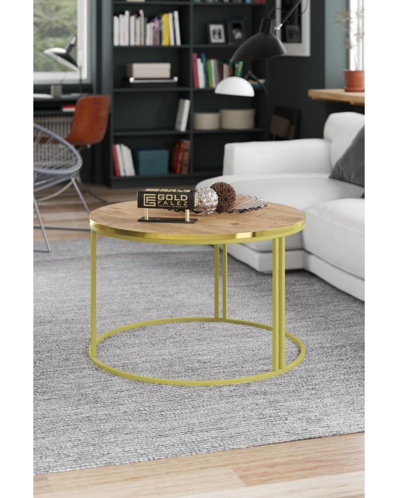 Ceviz Desenli Kahverengi Yuvarlak Orta Sehpa Gold Metal Ayaklı 70 cm