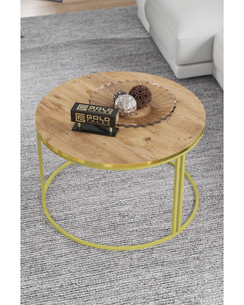Ceviz Desenli Kahverengi Yuvarlak Orta Sehpa Gold Metal Ayaklı 70 cm