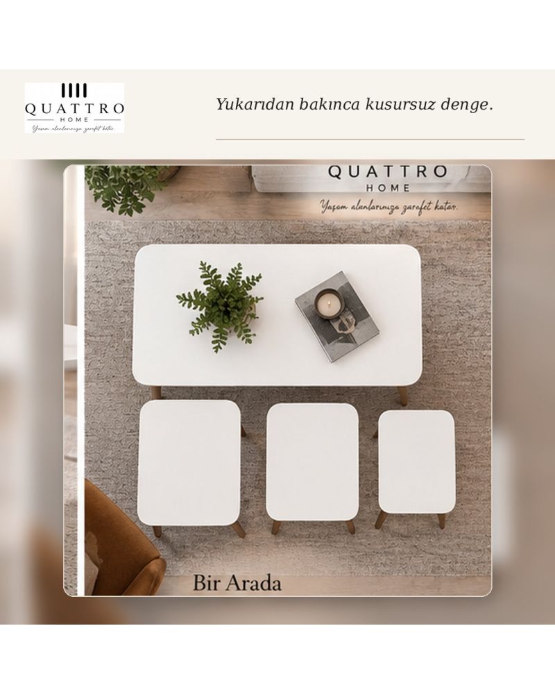 Torna Ayaklı Beyaz 4'lü Sehpa Seti