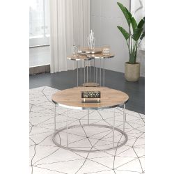 Ceviz Desenli Gümüş Metal Ayaklı 4'lü Sehpa Seti