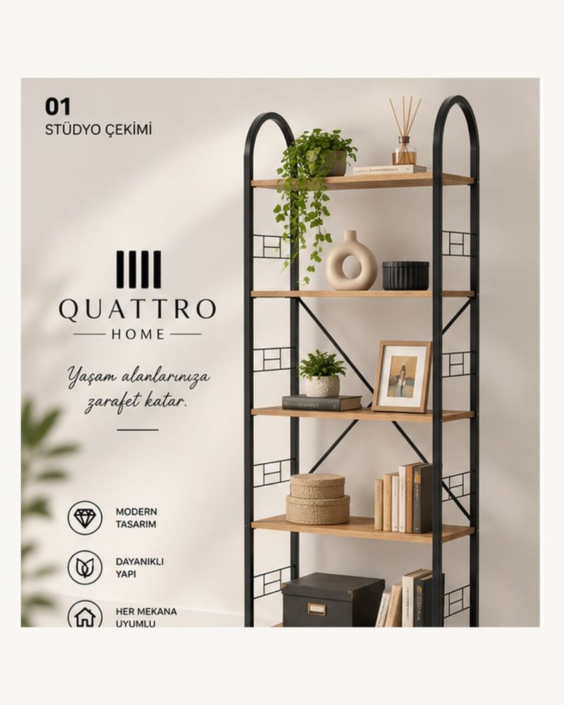 5 Raflı Metal Kitaplık Ceviz Desenli 180 cm