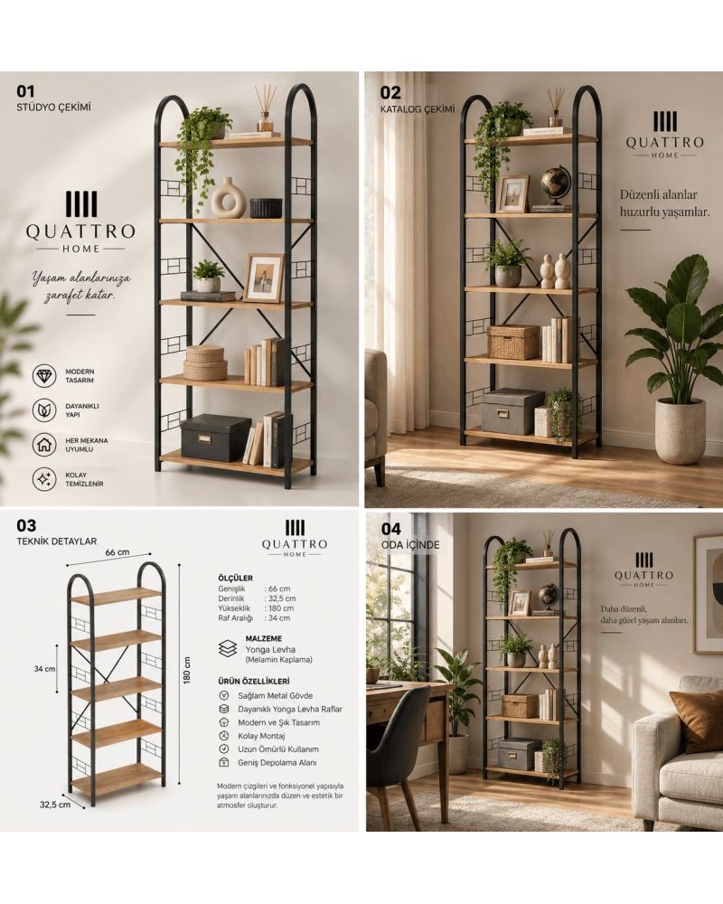5 Raflı Metal Kitaplık Ceviz Desenli 180 cm