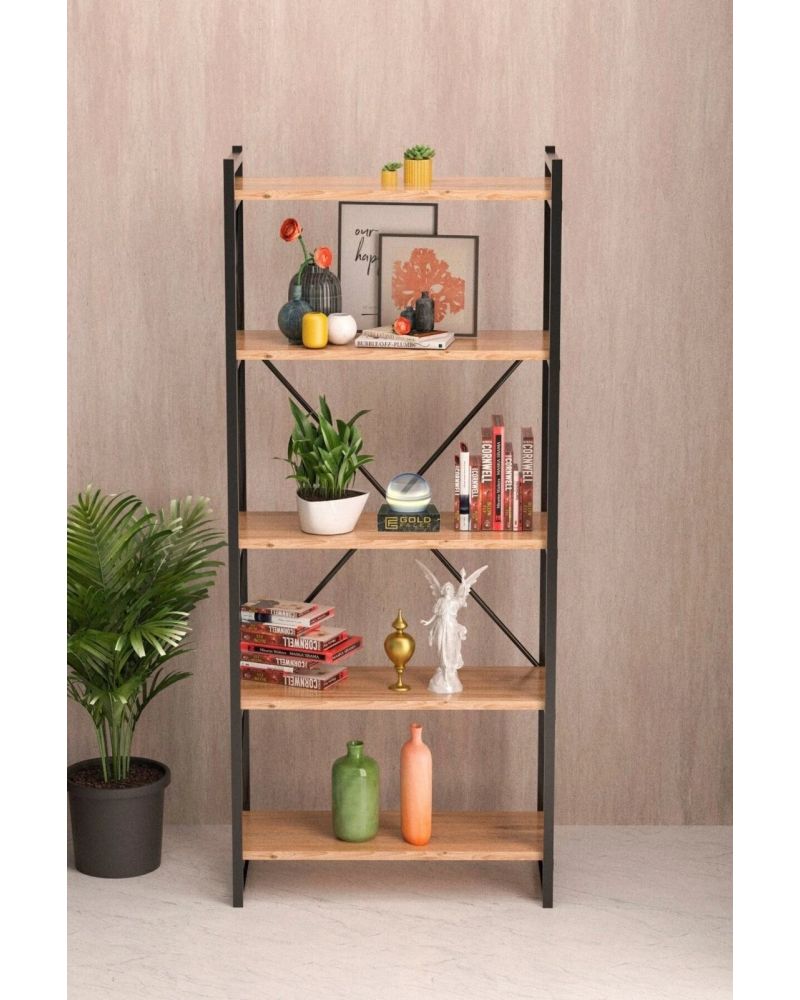 5 Raflı Metal Kitaplık Ceviz Desenli 180 cm