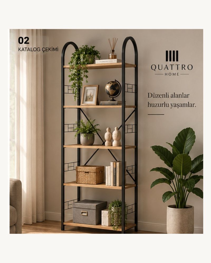 5 Raflı Metal Kitaplık Ceviz Desenli 180 cm