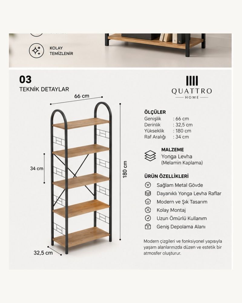 5 Raflı Metal Kitaplık Ceviz Desenli 180 cm