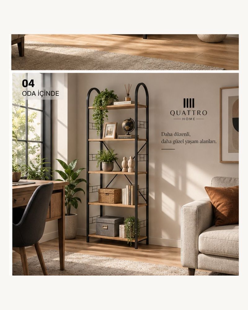 5 Raflı Metal Kitaplık Ceviz Desenli 180 cm