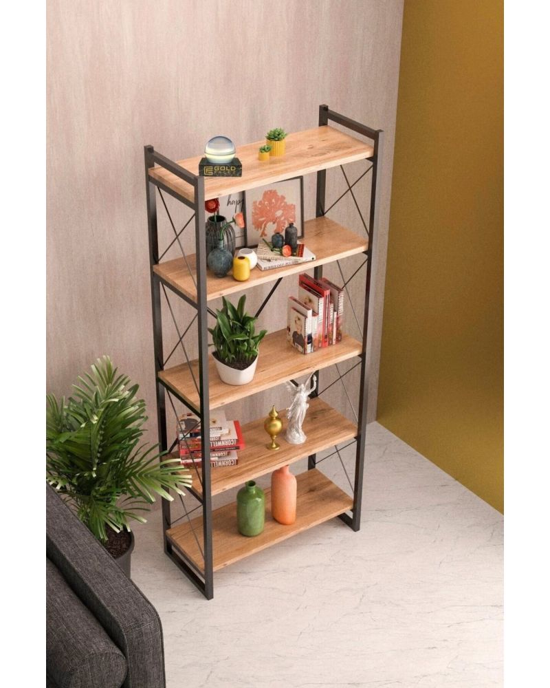 5 Raflı Metal Kitaplık Ceviz Desenli 180 cm