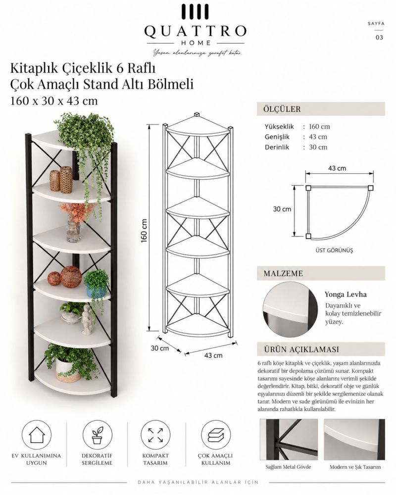 6 Raflı Köşe Kitaplık ve Saksılık Standı Beyaz