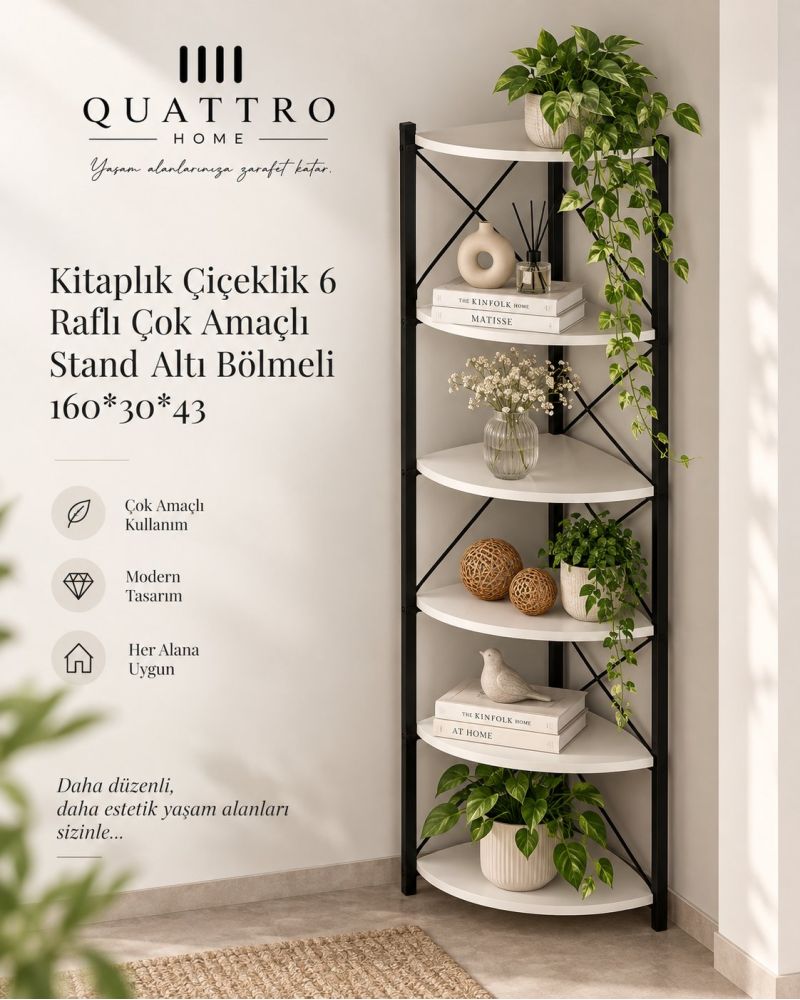 6 Raflı Köşe Kitaplık ve Saksılık Standı Beyaz