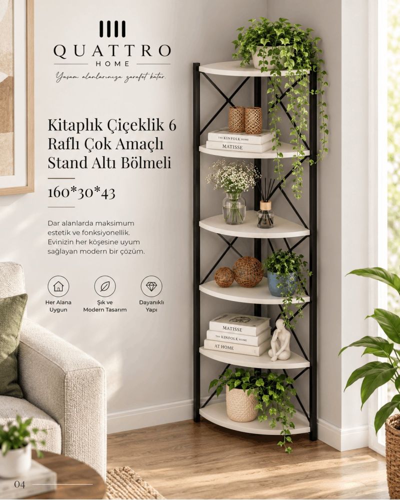 6 Raflı Köşe Kitaplık ve Saksılık Standı Beyaz