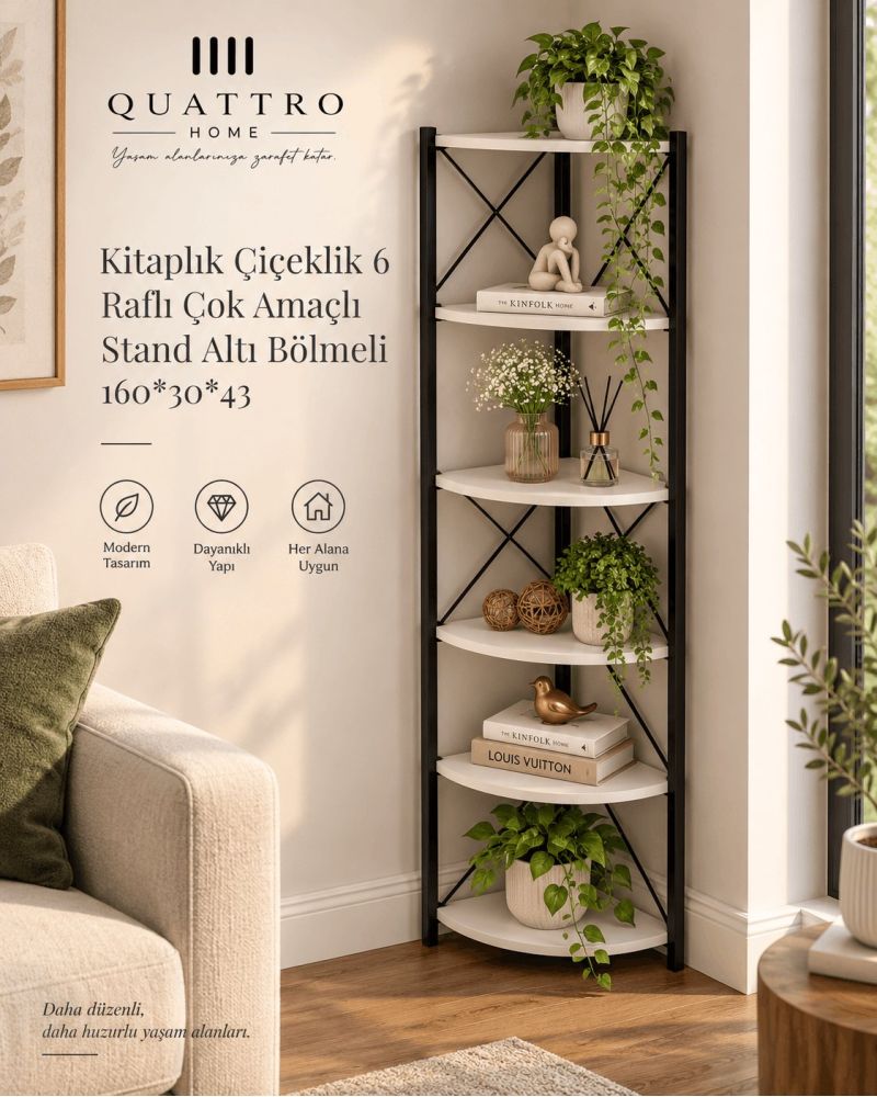 6 Raflı Köşe Kitaplık ve Saksılık Standı Beyaz