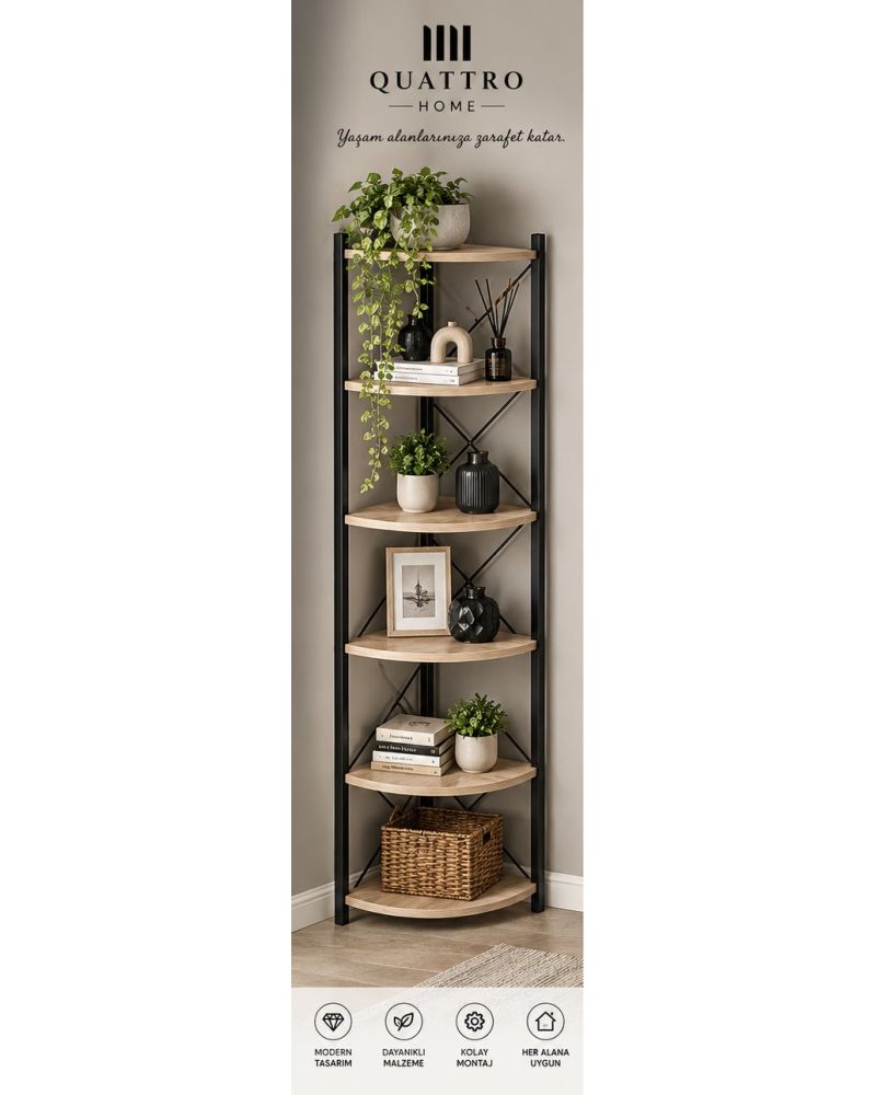 6 Raflı Köşe Kitaplık ve Saksılık Standı Krem 160 cm