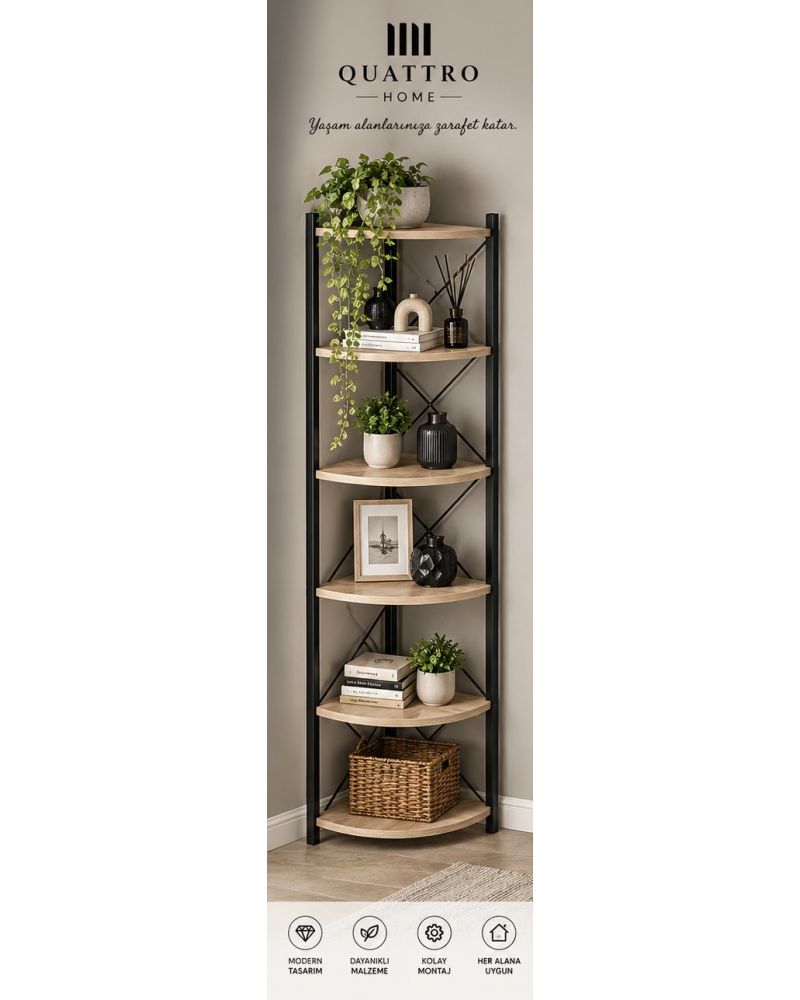 6 Raflı Köşe Kitaplık ve Saksılık Standı Krem 160 cm