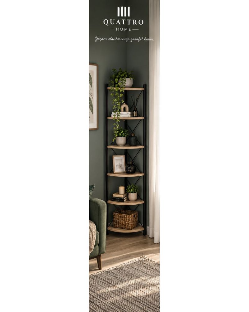 6 Raflı Köşe Kitaplık ve Saksılık Standı Krem 160 cm