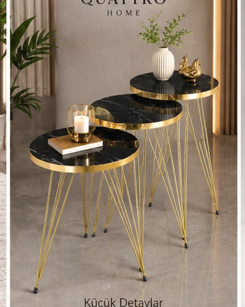 Siyah ve Gold Metal Ayaklı 4'lü Sehpa Seti