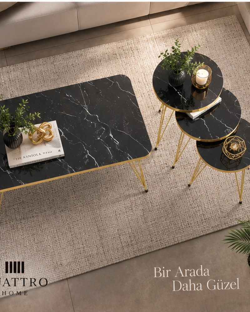 Siyah ve Gold Metal Ayaklı 4'lü Sehpa Seti