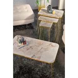 Beyaz ve Gold Metal Ayaklı 4'lü Sehpa Seti