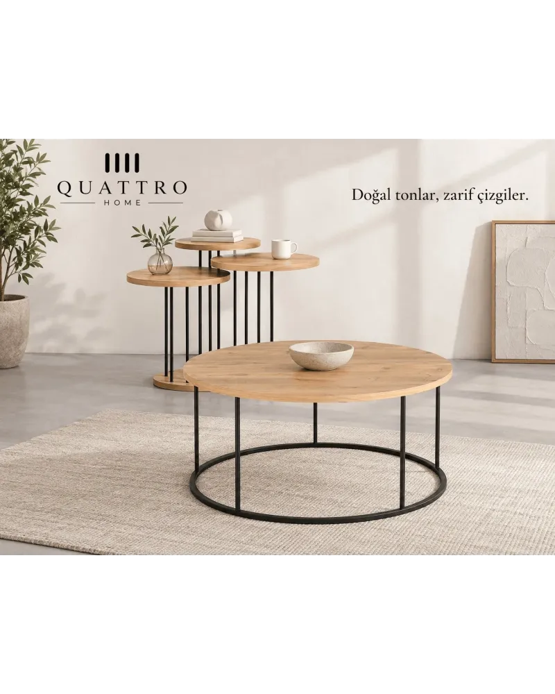 4'lü Yuvarlak Orta ve Zigon Sehpa Seti - Ceviz Desenli ve Siyah Metal Ayaklı