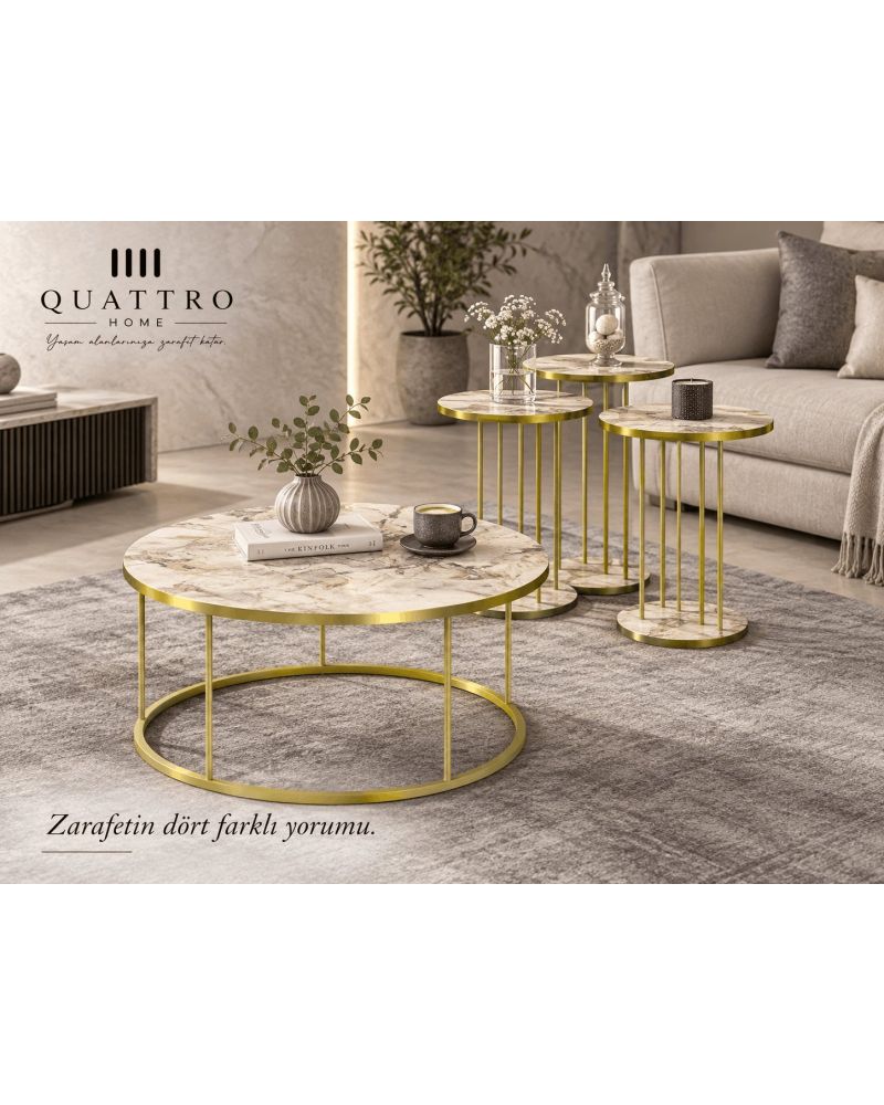 4'lü Mermer Desenli Beyaz ve Gold Metal Ayaklı Sehpa Seti