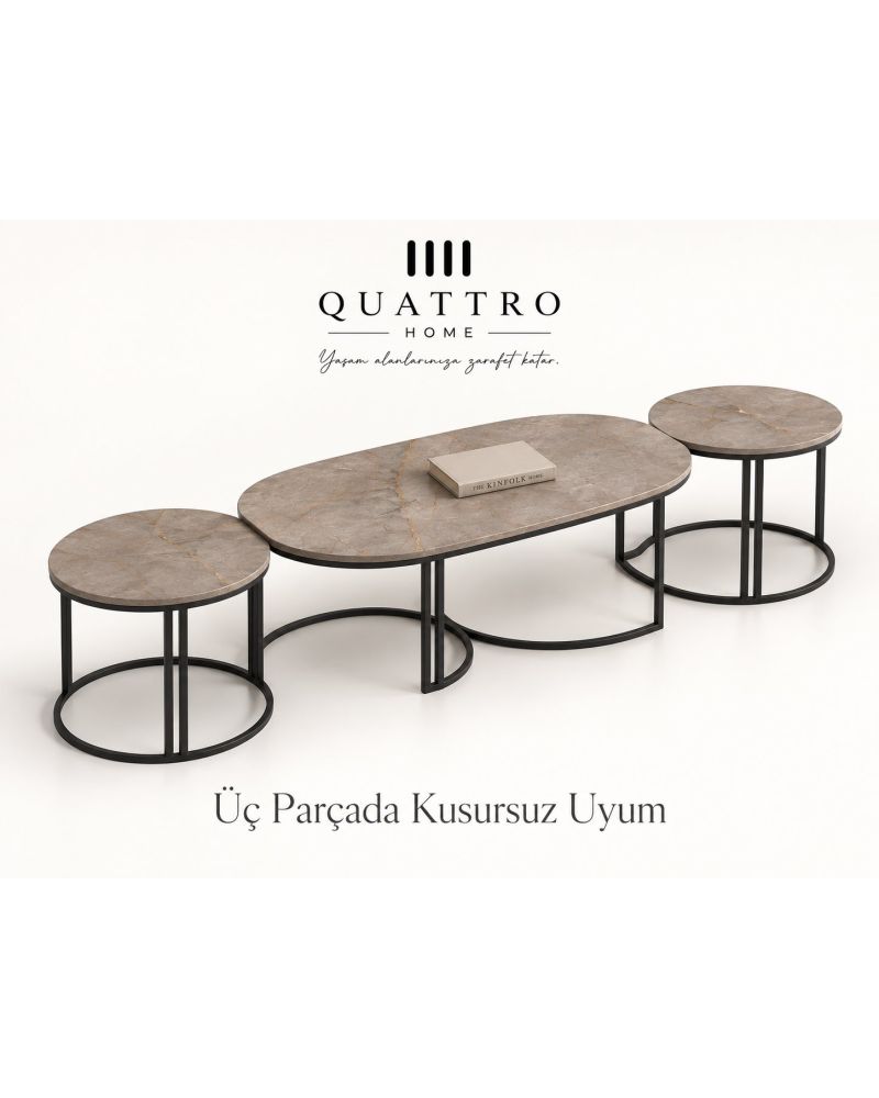 Gri 3'lü Oval Sehpa Seti
