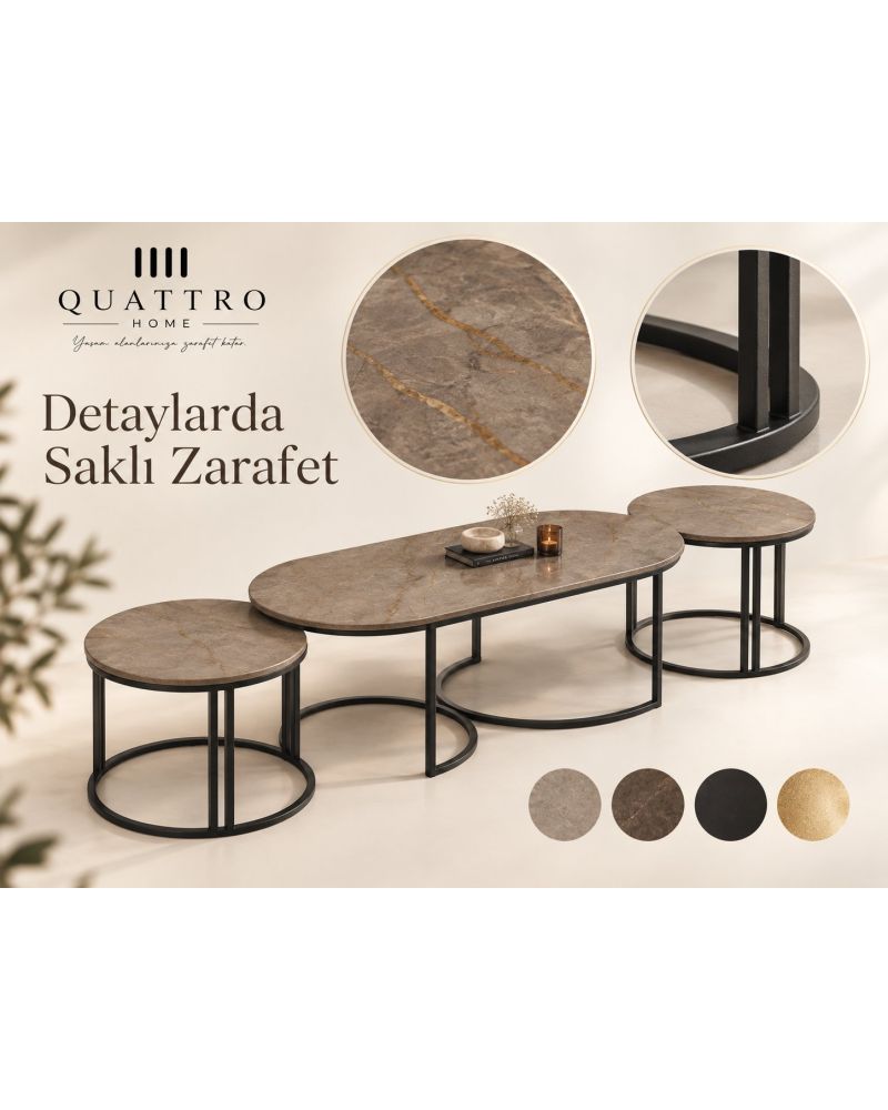 Gri 3'lü Oval Sehpa Seti