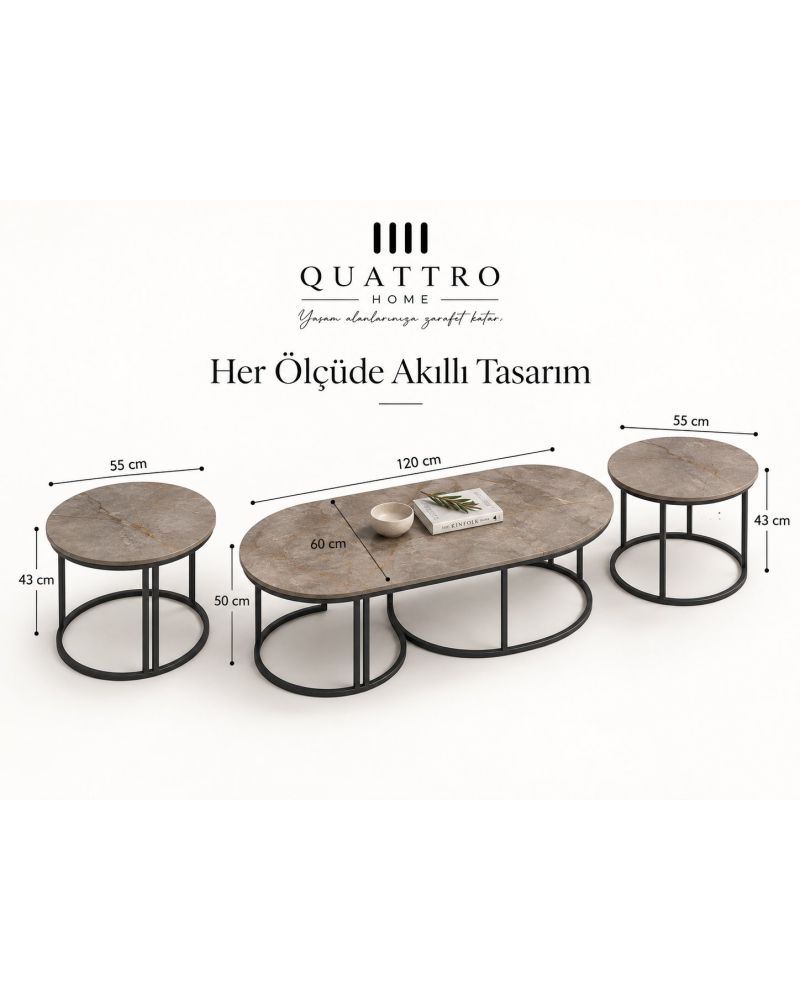 Gri 3'lü Oval Sehpa Seti