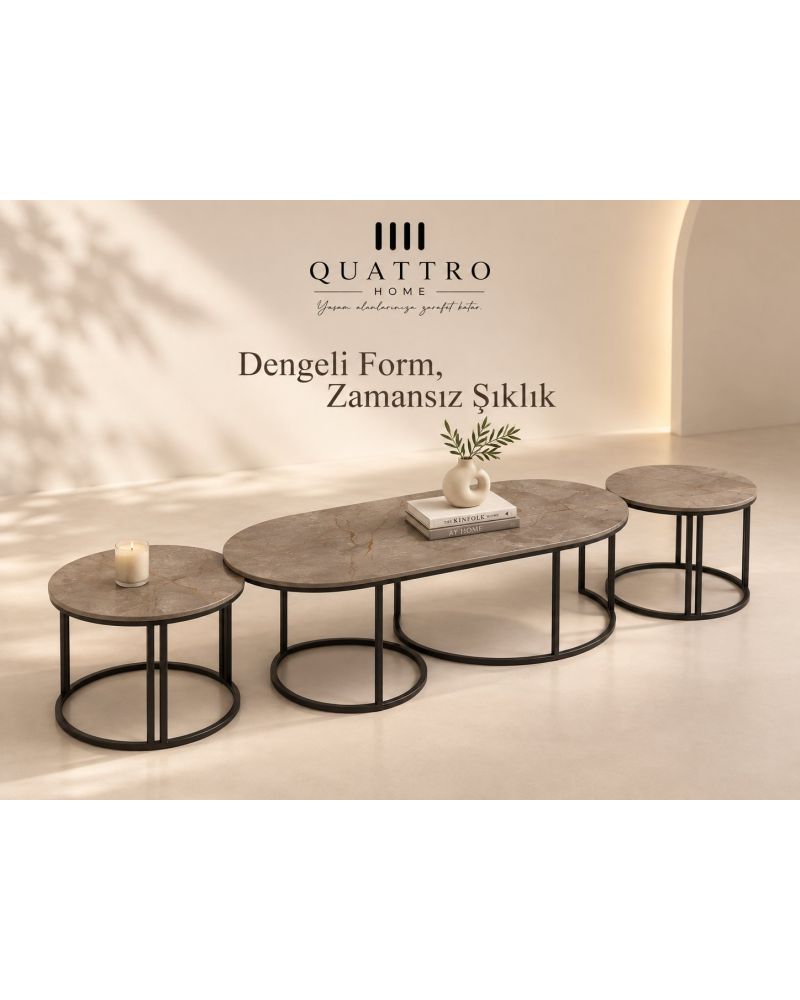 Gri 3'lü Oval Sehpa Seti