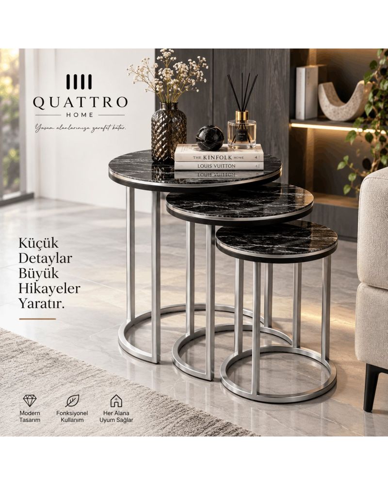 Siyah Mermer Desenli Gümüş Metal Ayaklı 3'lü Zigon Sehpa Takımı
