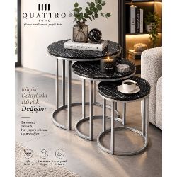 Siyah Mermer Desenli Gümüş Metal Ayaklı 3'lü Zigon Sehpa Takımı