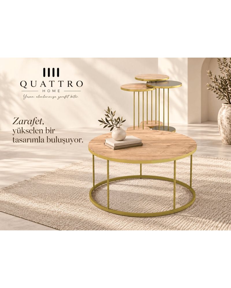 Antrasit Ceviz Desenli Gold Metal Ayaklı 4'lü Sehpa Seti