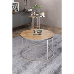 4'lü Ceviz Desenli ve Gümüş Metal Ayaklı Sehpa Seti