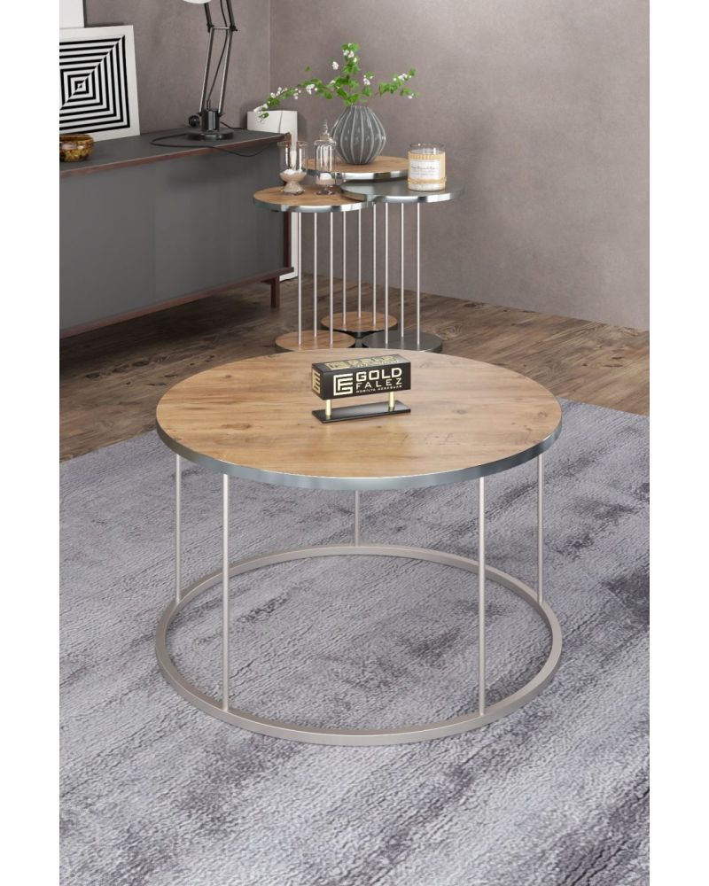 4'lü Ceviz Desenli ve Gümüş Metal Ayaklı Sehpa Seti