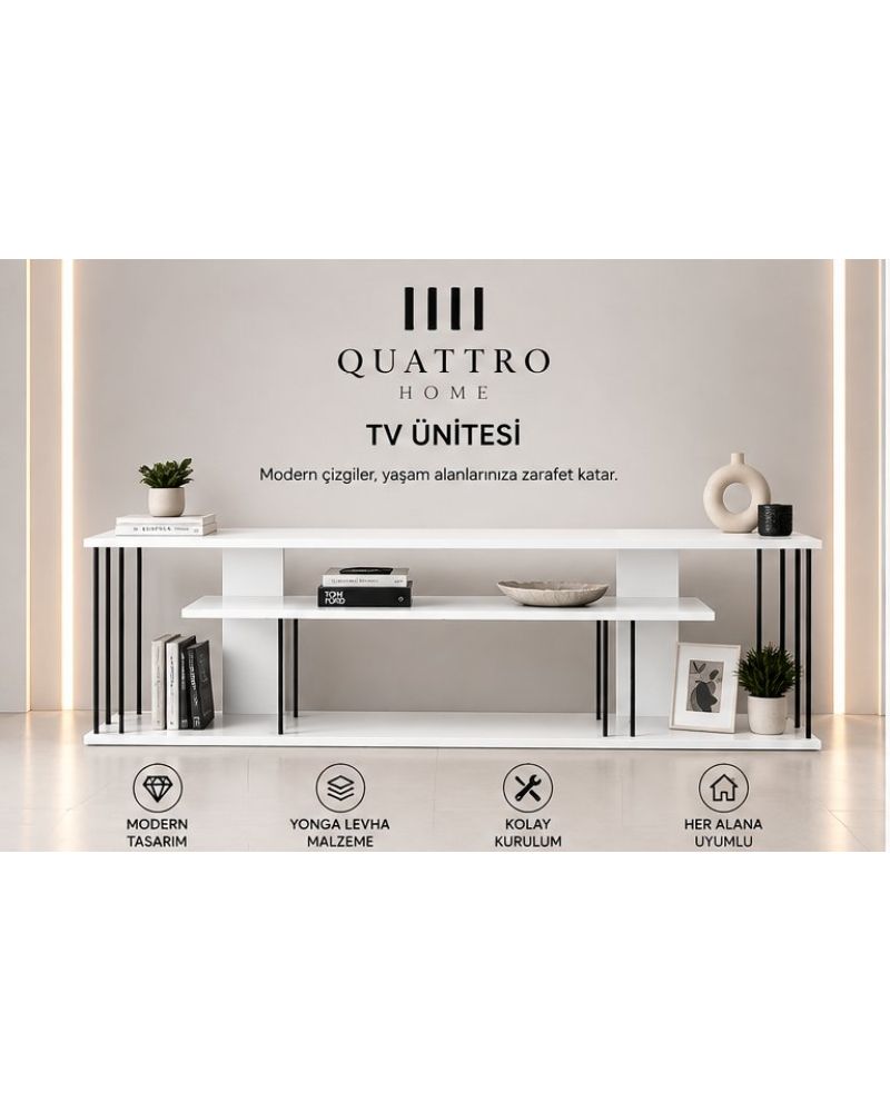 Beyaz Suntalam TV Ünitesi 140 cm Raflı Tasarım