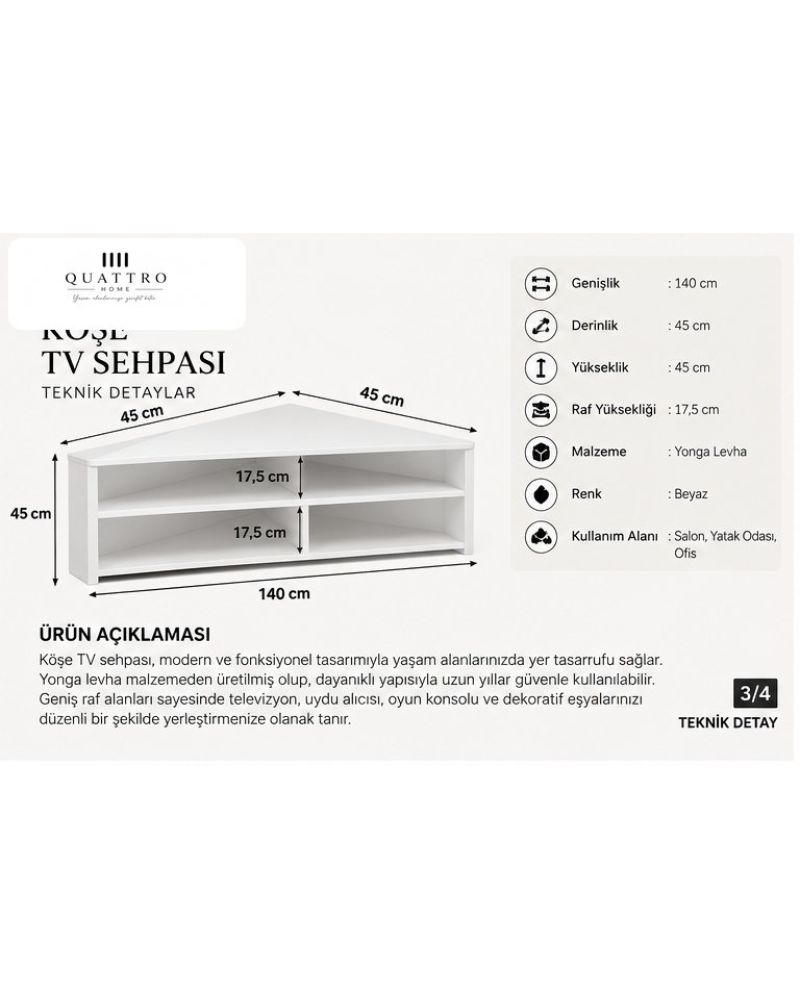 Beyaz Köşe TV Ünitesi 140 cm