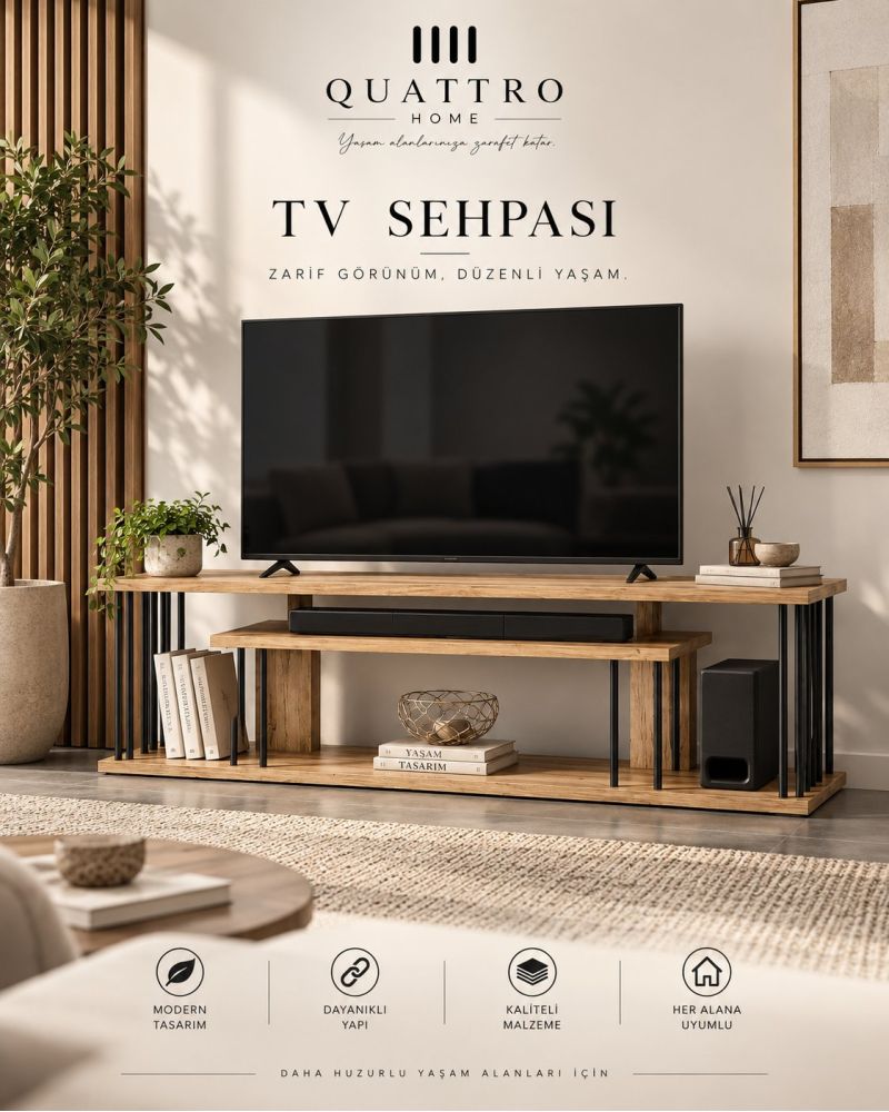 Çam Desenli Kahverengi TV Ünitesi ve Raf Sistemi