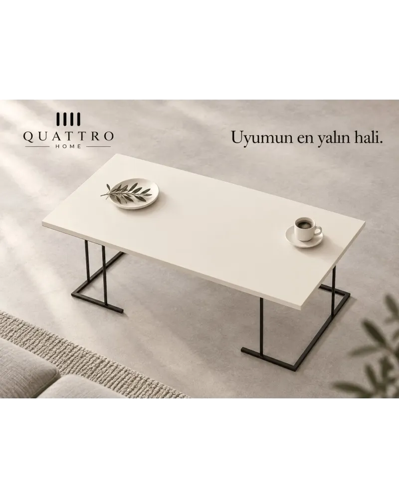 Bej Krem Renkli Metal Ayaklı Dikdörtgen Orta Sehpa