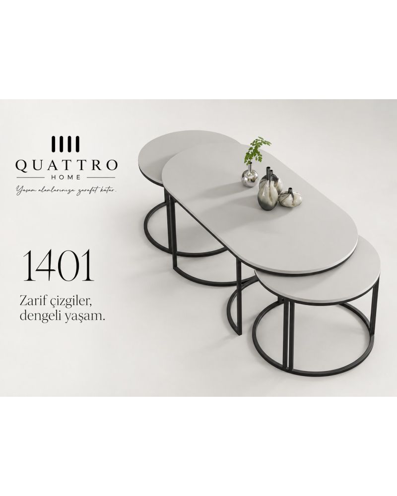 3'lü Beyaz Oval Sehpa Seti Metal Ayaklı