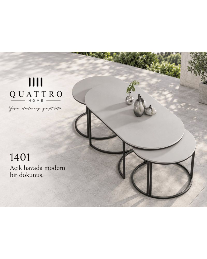 3'lü Beyaz Oval Sehpa Seti Metal Ayaklı