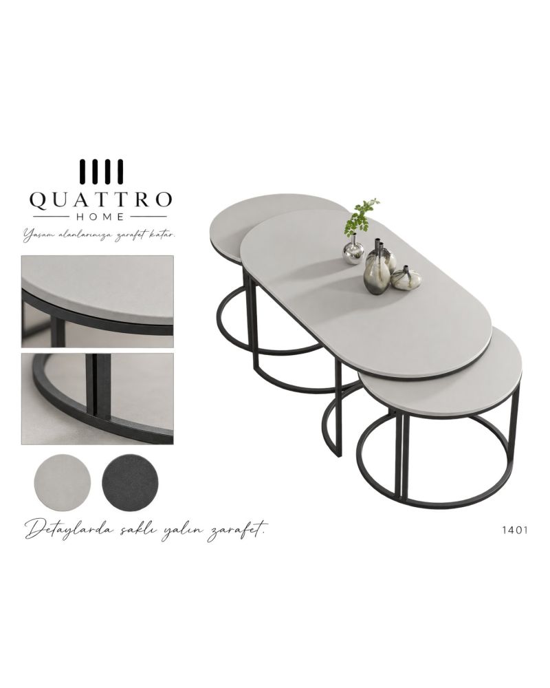 3'lü Beyaz Oval Sehpa Seti Metal Ayaklı